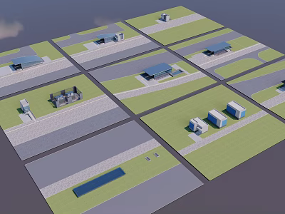 Bus Station Layout Plan With Small Buildings Green Areas And Roads 3d model