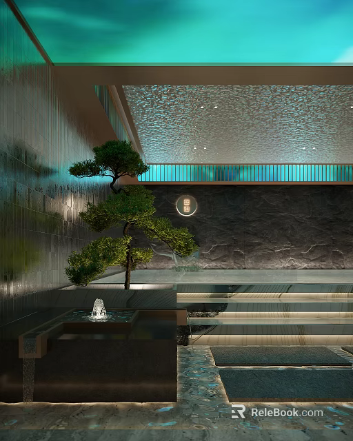 Modern Garden Ornament with Small Pine Tree Water Fountain Stone Steps and Textured Wall Design 3d model 