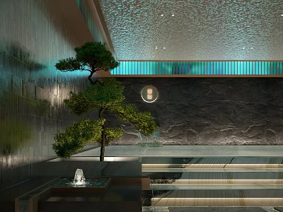Modern Garden Ornament with Small Pine Tree Water Fountain Stone Steps and Textured Wall Design 3d model
