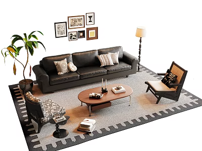 Black Leather Sofa and Coffee Table Set with Pillows Floor Lamp Chair and Wall Art 3d model