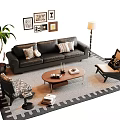 Black Leather Sofa and Coffee Table Set with Pillows Floor Lamp Chair and Wall Art