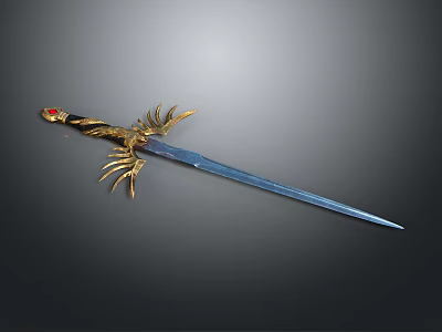 Decorative Sword With Golden Wing Shaped Hilt Red Gemstone And Blue Blade 3d model