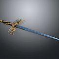 Decorative Sword With Golden Wing Shaped Hilt Red Gemstone And Blue Blade