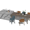 Modern Dining Table Set With Marble Island Blue Brown Chairs And Decorative Table Items