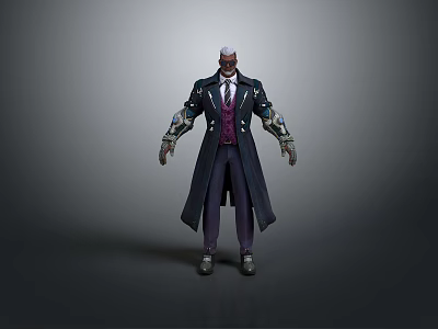 Game Movie Character in Long Black Coat Purple Vest White Shirt with Mechanical Arms 3d model
