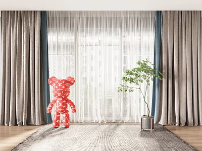 Gray Curtains With Sheer Panels In Living Room Window With Potted Plant 3d model