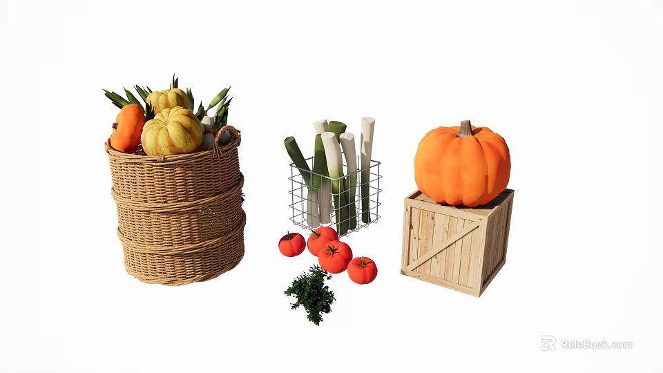 Fresh Vegetables in Basket Wire Basket and Wooden Crate with Pumpkin Tomatoes Celery and Herbs 3d model 