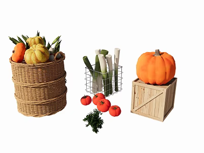 Fresh Vegetables in Basket Wire Basket and Wooden Crate with Pumpkin Tomatoes Celery and Herbs 3d model