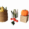 Fresh Vegetables in Basket Wire Basket and Wooden Crate with Pumpkin Tomatoes Celery and Herbs