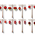 Traditional Outdoor Lights With Red Lanterns Hanging On Decorative Lamp Posts 3d model