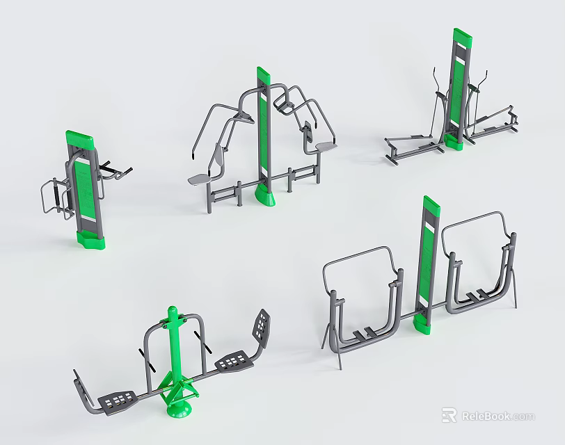 Green And Gray Outdoor Public Fitness Facilities With Various Exercise Equipment Stations 3d model 