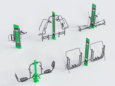 Green And Gray Outdoor Public Fitness Facilities With Various Exercise Equipment Stations 3d model