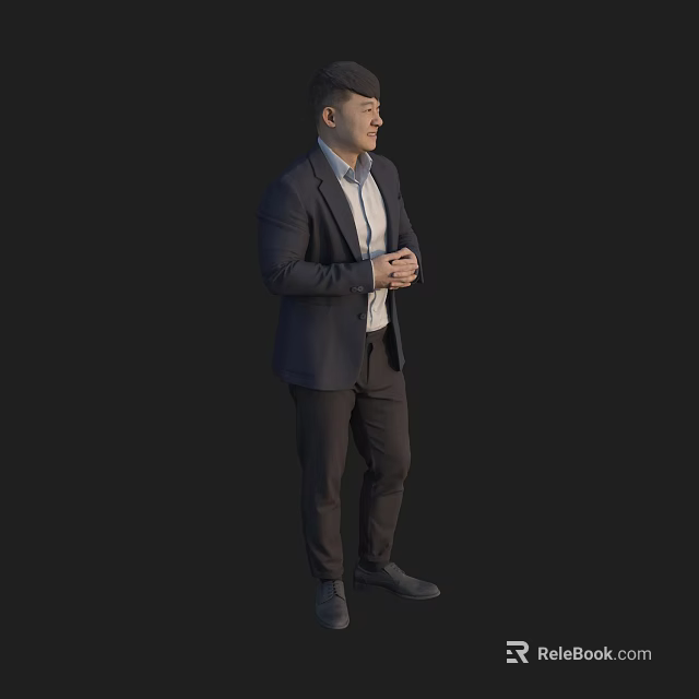 Man in Dark Suit Standing with Hands Crossed Against Black Background 3d model 