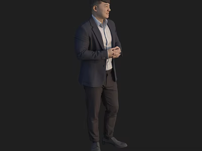 Man in Dark Suit Standing with Hands Crossed Against Black Background 3d model