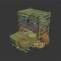 Traditional Wooden Rack Display With Woven Baskets Red Fruits And Clay Pot