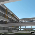 Modern School Building Featuring Glass Facade Terrace and Football Field on Green Campus