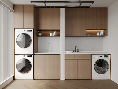 Modern Laundry Room With Washing Machines Dryers Wooden Cabinets And Sink 3d model