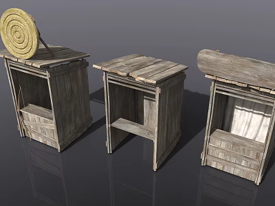 Industrial Factory Interior Featuring Vintage Wooden Storage Cabinets And Circular Straw Woven Top 3d model