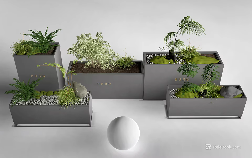 Rectangular Flower Vases With Green Plants BAND Lettering And White Sphere 3d model 