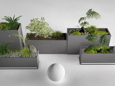 Rectangular Flower Vases With Green Plants BAND Lettering And White Sphere 3d model