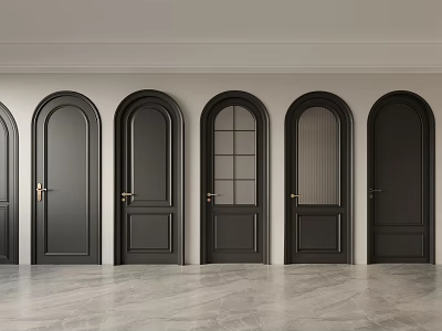 Stylish Black Hinged Doors with Arched Tops Glass Panels and Gold Handles in Light Room 3d model