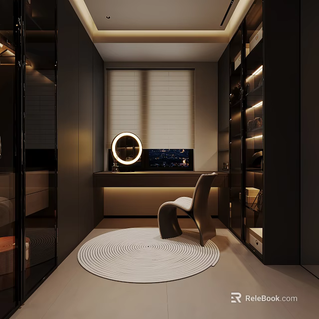Modern Cloakroom Interior With Round Mirror Chair Rug And Cabinets 3d model 