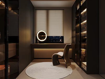 Modern Cloakroom Interior With Round Mirror Chair Rug And Cabinets 3d model