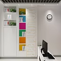 Service Hall Interior with Colorful Number Signs White Chairs and Wooden Bookshelf