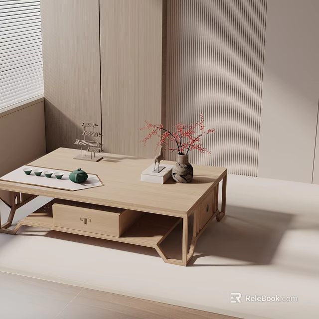 Modern Light Wood Sofa Coffee Table Set With Red Flowers Tray And Drawer 3d model 