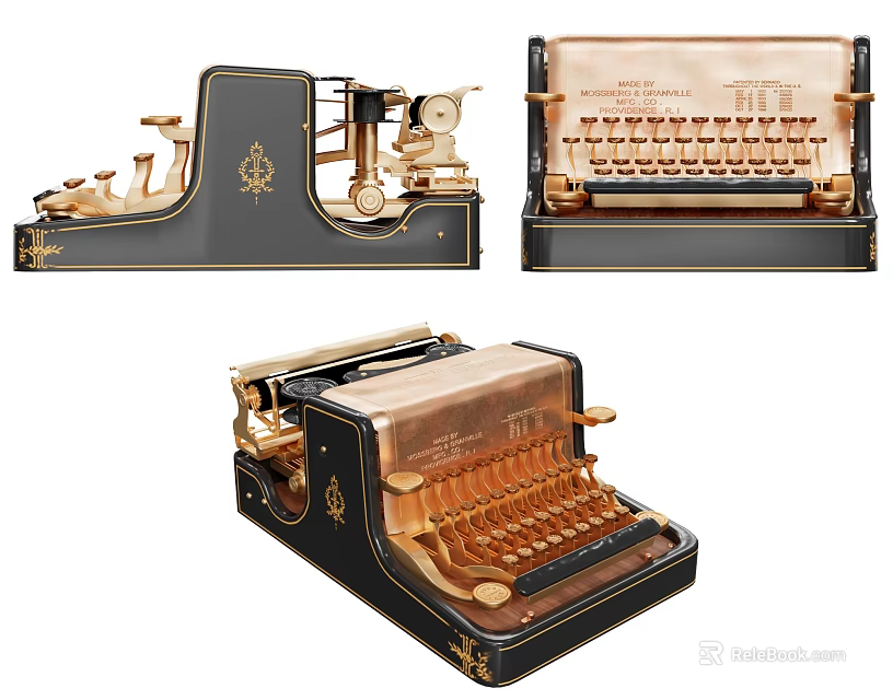 Vintage Office Typewriter Featuring Black and Gold Design Mechanical Structure for Retro Workspace 3d model 