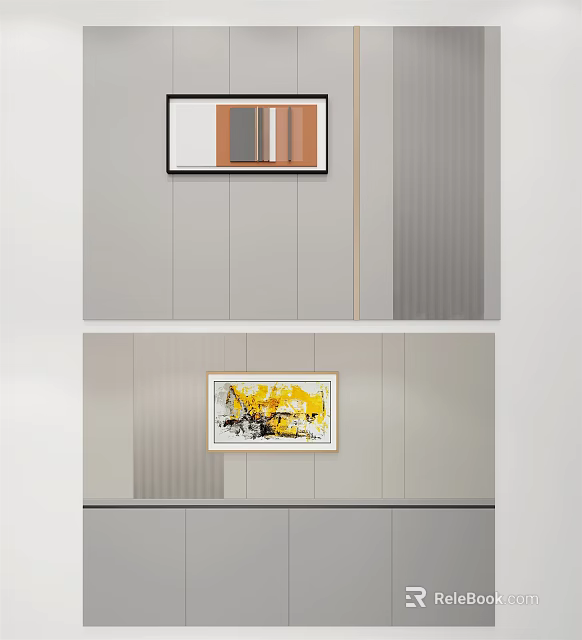 Light Gray Sofa Background Wall With Vertical Stripe Design And Colorful Framed Artwork 3d model