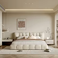 Modern Bedroom Interior with Comfortable Bed Headboard Pillows Decorative Painting Herringbone Rug and Accent Chair