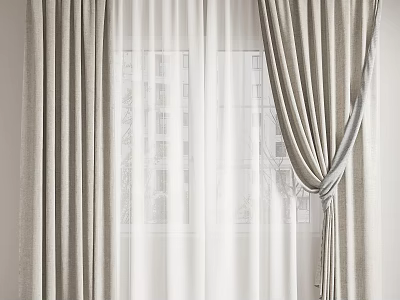 Light Gray Layered Curtains With White Sheer And Tied Knot For Interior Decor 3d model