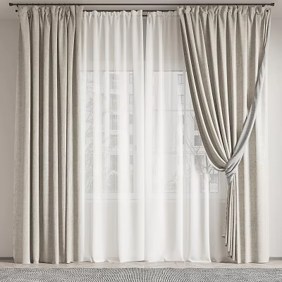 Light Gray Layered Curtains With White Sheer And Tied Knot For Interior Decor 3d model