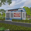 Blue And White Service Station With Glass Doors Digital Screen And Green Plants