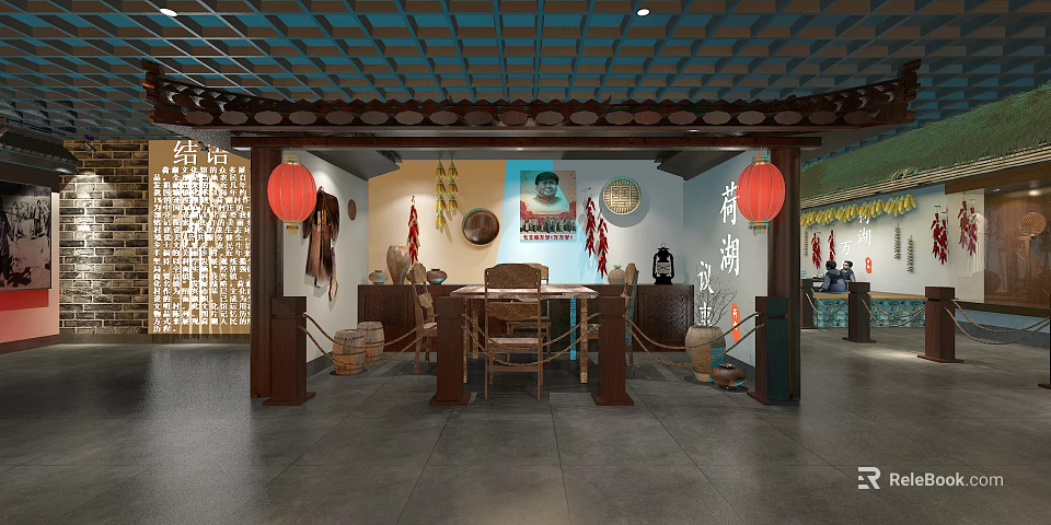 Traditional Cultural Center Interior With Red Lanterns Wooden Tables Chairs And Cultural Decorations 3d model 