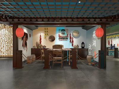 Traditional Cultural Center Interior With Red Lanterns Wooden Tables Chairs And Cultural Decorations 3d model