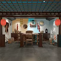 Traditional Cultural Center Interior With Red Lanterns Wooden Tables Chairs And Cultural Decorations
