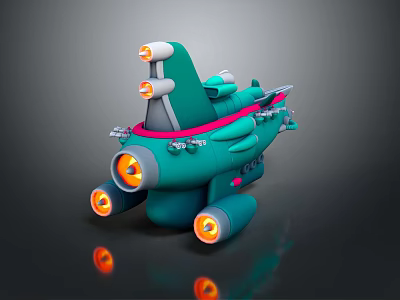 Teal Colored Spaceship 3D Model With Orange Glowing Engines And Detailed Parts 3d model