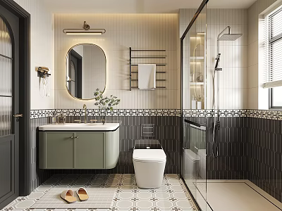 Elegant Modern Bathroom Interior Design With Round Mirror Green Vanity White Toilet And Glass Shower 3d model