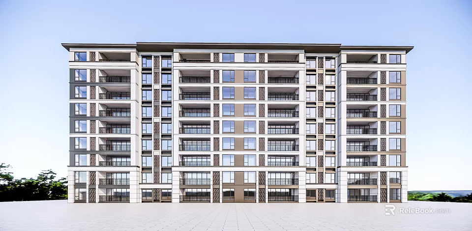 Modern Multi Storey Residential Building With Balconies And Large Glass Windows 3d model 