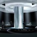 Modern Car Showroom Featuring Central Illuminated Cylinder White Display Podiums Black Floor White Circles People
