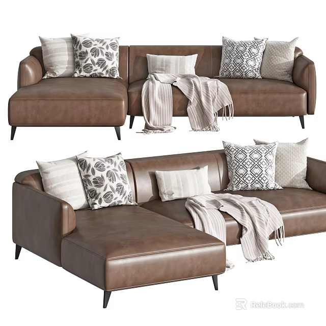 Brown Leather Sectional Sofa with Decorative Pillows and Soft Throw Blanket 3d model