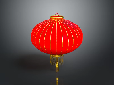 Red Lantern Light Fixture With Gold Stripes And Tassel Design For Home Furniture 3d model