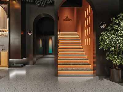 Elegant Restaurant Interior Design With Arched Doorways Wooden Staircase And Warm Lighting 3d model
