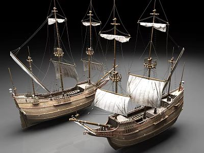 Detailed Wooden Sailing Ship Models With White Sails And Intricate Rigging 3d model