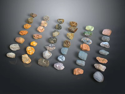 Various Colored Natural Stones With Different Shapes Arranged On Black Background 3d model