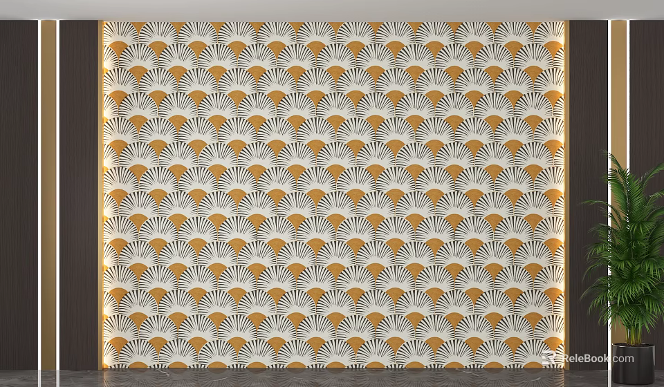 Modern Accent Wall With Yellow And White Fan Shaped Geometric Patterns 3d model 