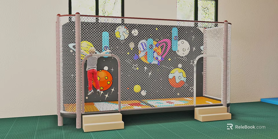 Kindergarten Play Area With Safety Fence Space Themed Decorations Planets Stars And Rocket 3d model 