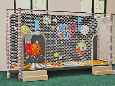 Kindergarten Play Area With Safety Fence Space Themed Decorations Planets Stars And Rocket 3d model